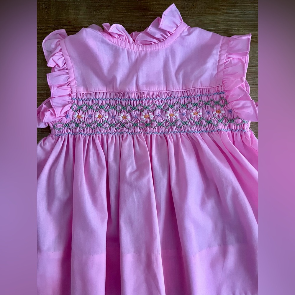 Sears Perma-Prest smocked pink baby dress 6-9 Mos (read MSMTS) VTG 1990s - Picture 6 of 7